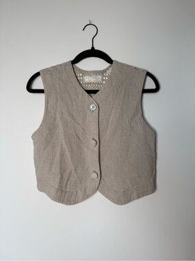 Express Neutral Beige Linen-Blend Button Vest With Crochet Back | Size Small